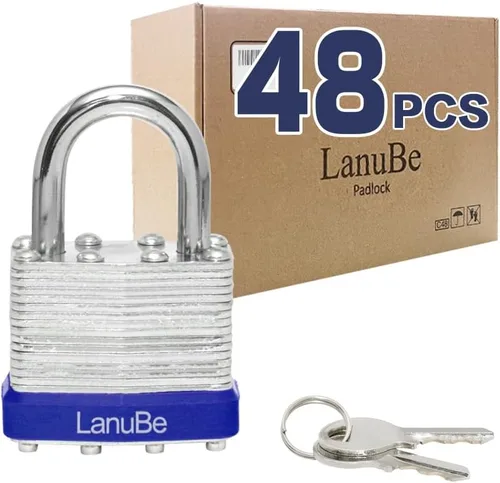 Miniatura 12 de LanuBe Candado laminado con llave, 1-9/16 pulgadas (40 mm), candados con llave iguales, grillete normal, aro de plástico azul marcado, paquete de 2