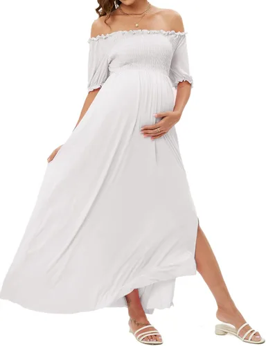 Miniatura 5 de ZIUMUDY Vestido de maternidad con hombros descubiertos y abertura lateral largo para sesión de fotos, vestido de baby shower fluido