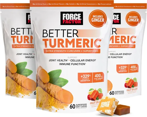 Miniatura 17 de FORCE FACTOR Mejor suplemento de cúrcuma 400mg con pimienta negra y jengibre, apoyo articular de fuerza extra, absorción superior, como gomitas