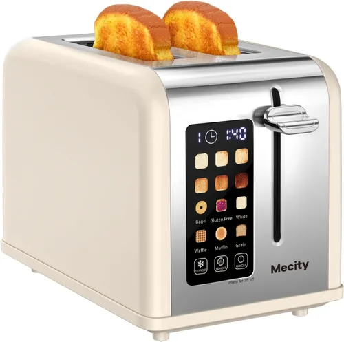 Mecity Tostadora de pantalla táctil de 2 rebanadas, ranura ancha de 1.5 pulgadas, tostadora inteligente de acero inoxidable para bagels, magdalenas,