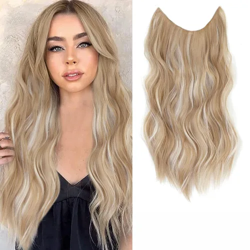 Miniatura 34 de Extensiones de cabello con halo de 12 pulgadas con alambre invisible, cabello largo ondulado ajustable, sintético, mejora con 4 clips de seguridad
