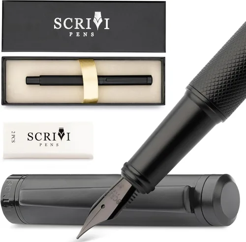 Scrivi Pens Juego de Plumas Estilográficas de Lujo-[Negro] Plumas Estilográficas para Escribir - Punta Extra Fina Suave - Incluye Convertidor de
