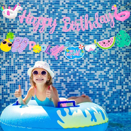 Miniatura 8 de Pancartas de fiesta de cumpleaños para piscina, 2 unidades, pancartas recortadas para fiesta de piscina, decoraciones de fiesta de piscina