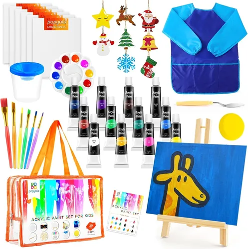 POPYOLA Juego de pintura acrílica para niños, juego de pintura no tóxica para niños con caballete de mesa, pinturas acrílicas, bata, lienzos,