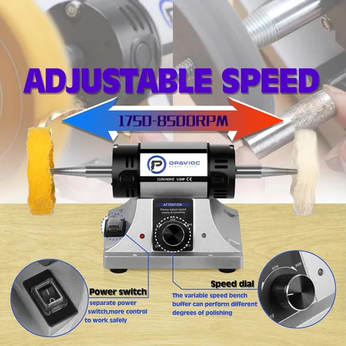 Miniatura 6 de Pulidor de joyas - Bufadora de banco ajustable de velocidad variable, máquina pulidora y de búfer, búfer dental y torno - Con campana colectora