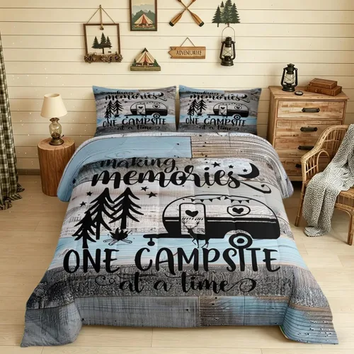 Juego de edredón para niños, diseño de camping feliz, tamaño Queen, juego de ropa de cama de estilo campista para caravana, estilo vintage Multi 44
