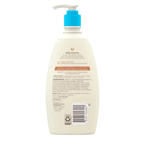 Miniatura 6 de Aveeno Baby Daily Moisture - Jabón corporal suave y champú con extracto de avena, lavado de baño y champú para el cabello 2 en 1, sin desgarros ni