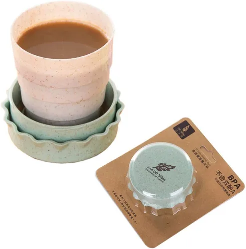 Miniatura 11 de Taza de camping plegable con tapa, plegable telescópica de trigo con paja, taza de agua plegable sin BPA para viajes al aire libre, color beige