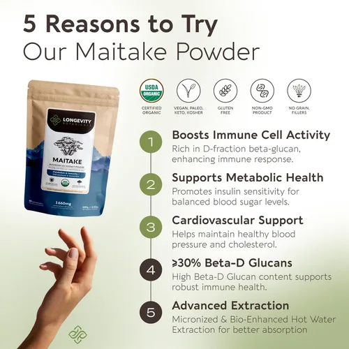 Miniatura 3 de Longevity Botanicals Suplemento orgánico de hongos Maitake en polvo Extracto de 3.53 oz Cuerpo fructífero Grifola Frondosa ≥30% Beta-D-Glucanos