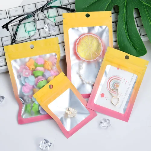 Miniatura 55 de 120 bolsas de tereftalato de polietileno a prueba de olores, bolsa de embalaje holográfica resellable con ventana transparente para alimentos