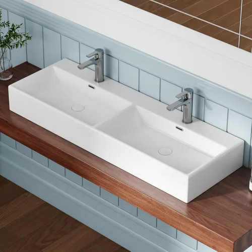 Miniatura 10 de Eridanus Lavabo de Baño Rectangular 43" x 16", Lavabo Vasija de Cerámica Vítrea de Dos Orificios, Montaje en Encimera y Pared, Lavabo Flotante