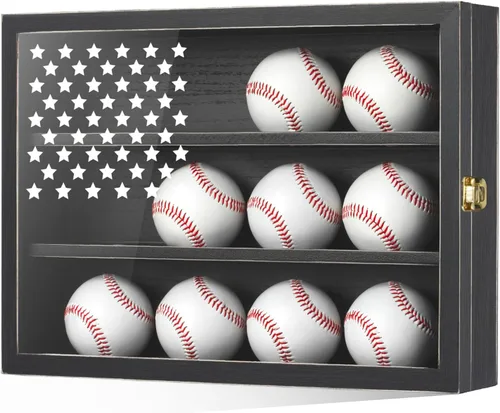 Vitrina de béisbol retro con capacidad para 12 bolas, caja de almacenamiento de béisbol de 11 x 16 pulgadas con vidrio acrílico HD, soporte de pared