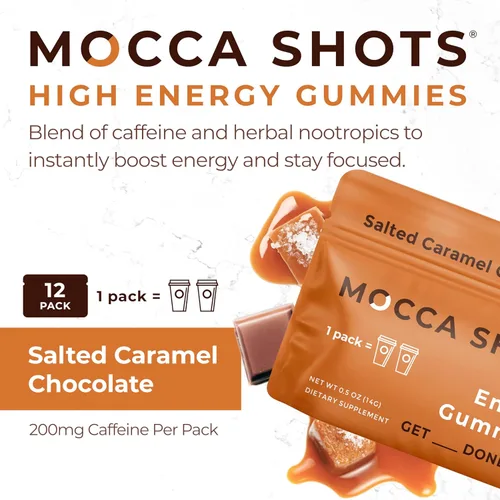 Miniatura 2 de Mocca Shots – Caramelo Salado 100 mg Gummies de cafeína (12 paquetes, 2 por paquete) Café Energía Masticar Gummy, Vegano, Sin gluten, Todo Natural
