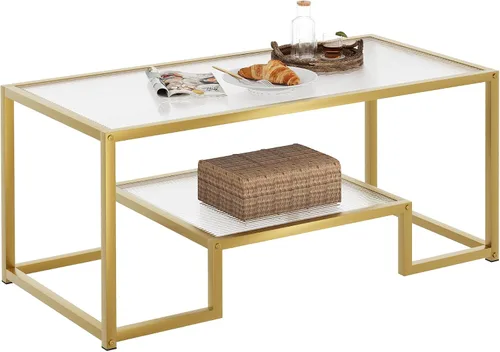 Miniatura 9 de Mesa de café Wolawu Mesa de café dorada de vidrio para sala de estar, mesa de centro rectangular de 2 niveles con tapa de vidrio acanalada y marco