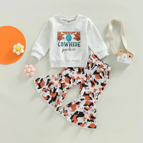 Miniatura 2 de Conjunto de 2 piezas de ropa occidental con estampado de letras, sudadera con estampado de vaca, pantalones acampanados para otoño e invierno