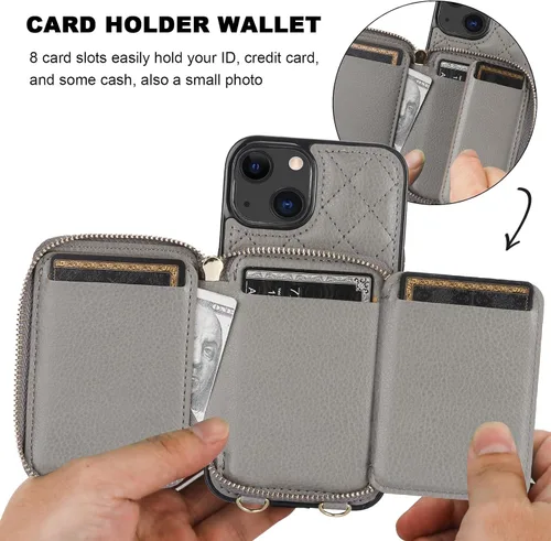Miniatura 4 de Bocasal Funda tipo cartera con bandolera para iPhone 13, de cuero PU con bloqueo RFID, con cierre de cremallera, cartera tipo bolso con función Gris