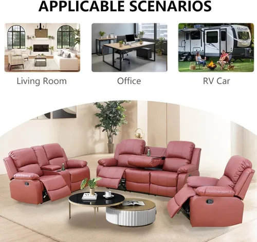 Miniatura 7 de Juego de sala de Estar reclinable de 3 piezas, juego de sofá reclinable Manual para conjunto de muebles de sala de Estar, con consola de Rojo