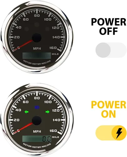 MOTOR METER RACING W Pro 3.346 in 3-3/8" GPS Velocímetro con señal de giro de haz alto 160 MPH Negro Dial blanco LED Digital Odómetro impermeable