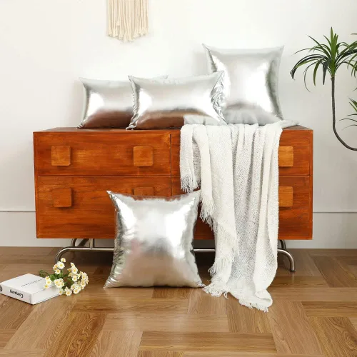 Miniatura 5 de Juego de 2 fundas de cojín decorativas modernas metálicas y brillantes, fundas de almohada cuadradas suaves de piel sintética para sofá, cama, Verde