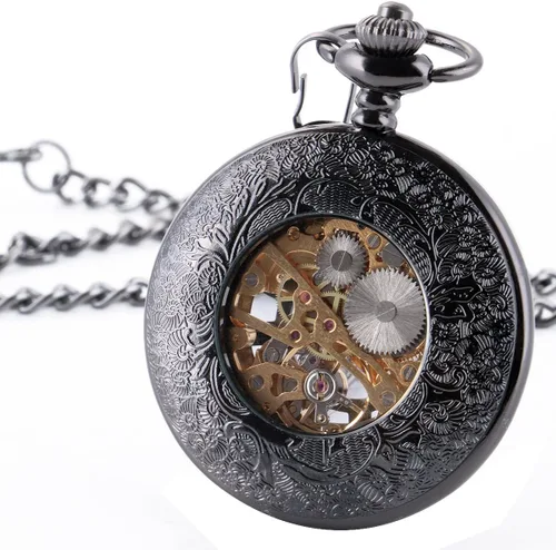 Miniatura 4 de SIBOSUN Reloj de bolsillo esqueleto especial 12 - Pequeño - Diseño de caja de ventana para hombre, color negro, mecánico con caja de cadena