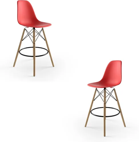 Miniatura 3 de Inmod Taburete de plástico moldeado con patas de madera, juego de 2, color rojo mate, taburetes de concha sin brazos DSW modernos de mediados