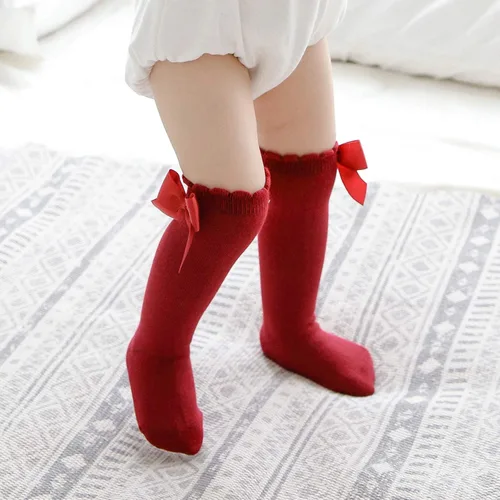 Miniatura 2 de Calcetines altos hasta la rodilla para bebés y niñas, con lazo, tubo con volantes, de algodón, calcetines largos para bebés y niños pequeños, 5 pares