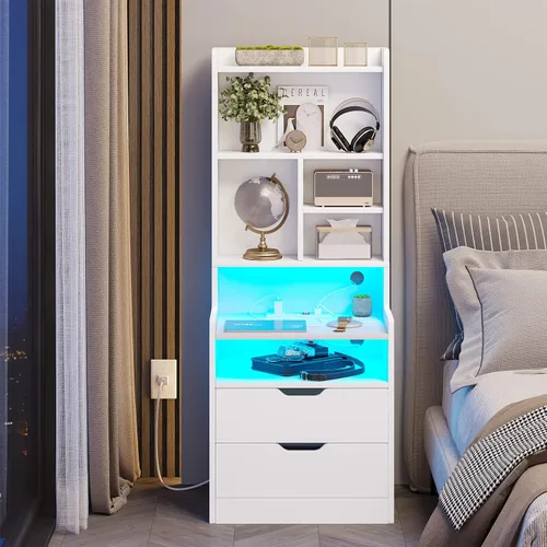 Miniatura 15 de BTHFST Mesita de noche alta con luces LED y estación de carga, mesita de noche LED negra con estantes y 2 cajones, mesita de noche con estantería