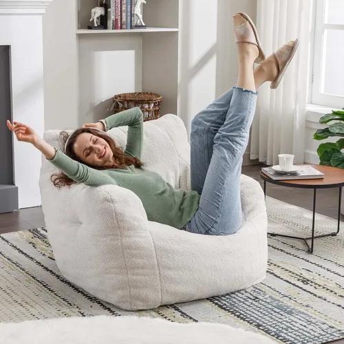 Miniatura 5 de Antetek Puf para adultos y niños, moderna silla decorativa de tela de peluche ultra suave para sala de estar, dormitorio, apartamento, marfil