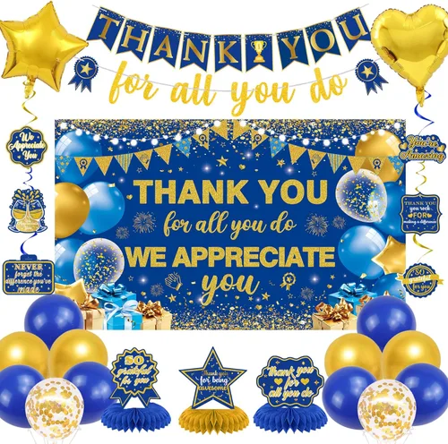Vlipoeasn Decoración de pancartas con texto en inglés "We Appreciate You", color azul dorado con texto en inglés "Thank You for All You Do", centros