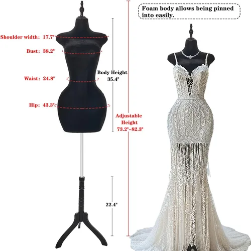 Miniatura 3 de Torso de maniquí femenino con curvas ajustables con soporte, forma de vestido pinable para ropa (negro, terciopelo)