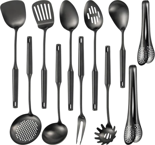 Miniatura 11 de Juego de utensilios de cocina de acero inoxidable 304 mate, 11 piezas de utensilios de cocina de metal largo con espátula, cuchara, cucharón, Dorado