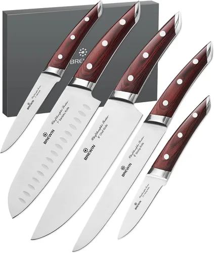 Brewin CHEFILOSOPHI - Juego de 5 cuchillos de chef japoneses con elegante mango de madera de Pakka roja, diseño ergonómico, cuchillos de cocina