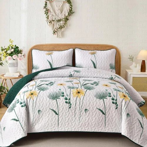Miniatura 30 de Dinjoy Juego de colcha floral tamaño Queen, colcha azul agua tamaño Queen de 3 piezas, juego de ropa de cama ligera de estilo granja, colcha