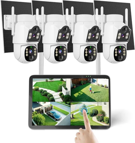 Cámaras de seguridad solares inalámbricas para exteriores Hiseeu, Cámaras inalámbricas de seguimiento automático de doble lente para seguridad del
