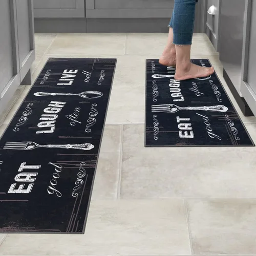 Miniatura 3 de Carvapet Juego de 2 alfombras de cocina con respaldo antideslizante, tapete para cocina, corredor de entrada, diseño de lema, negruzco/gris oscuro
