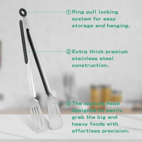 Miniatura 6 de Pinzas de metal para cocinar, juego de 2 pinzas de espátula de acero inoxidable para asar a la parrilla, cocinar y voltear, agarre fuerte