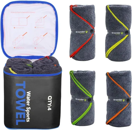 4Monster Paquete de 4 toallas de camping de microfibra de secado rápido, toalla de viaje súper absorbente con bolsa impermeable, toalla ligera para
