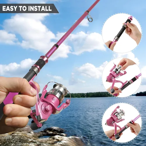 Miniatura 3 de Combos de caña de pescar y carrete, regalos de equipo de pesca para mujeres con carrete giratorio, señuelos, línea, kit de caña telescópica rosa
