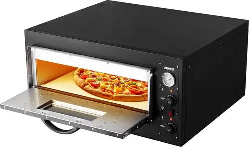 Miniatura 10 de Horno de pizza comercial VEVOR para encimera, capa doble de 14", horno de pizza eléctrico de acero inoxidable con piedra y asa, horno de pizza