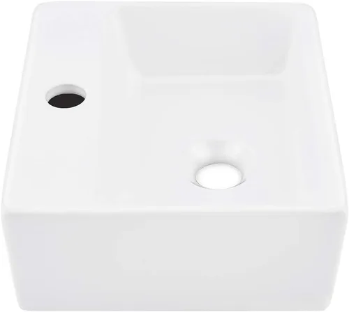 Miniatura 8 de Fregadero de baño de montaje en pared, fregadero de 13.4 x 11.5 pulgadas con soporte para grifo, lavabo rectangular de cerámica de porcelana blanca