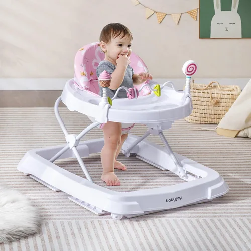 Miniatura 8 de BABY JOY Andador de bebé plegable, andador de actividades con altura ajustable, bandeja grande y juguetes removibles, andador de bebé con ruedas Azul