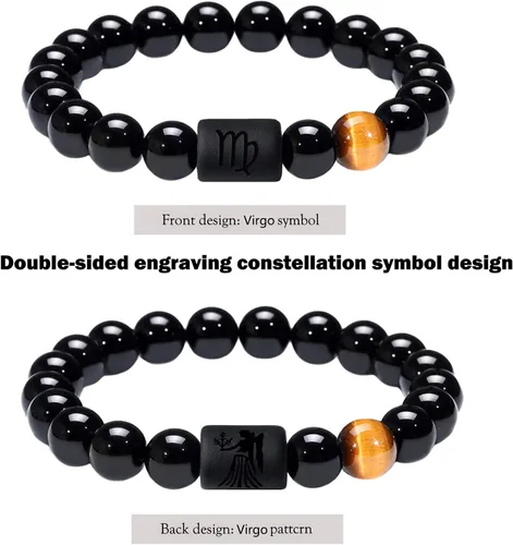 Miniatura 2 de Jade cabbage Pulsera del zodiaco para pareja de 0.315in 0.394in, pulsera de cuentas de piedra de ónix negro natural para hombres y mujeres, signo