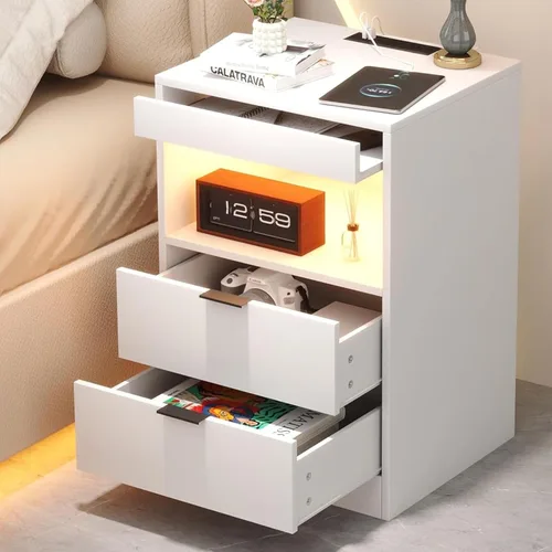 Miniatura 10 de Yusong Mesita de Noche, Mesa de Noche, Mesita LED con Estación de Carga, Mesita Moderna, Mesa de Sofá de Madera con 2 Estantes Deslizantes (Negro)