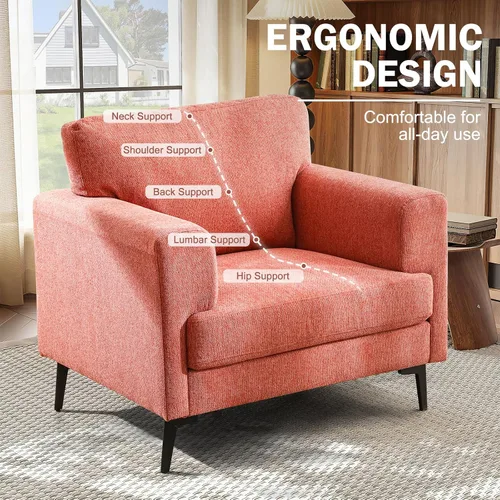 Miniatura 7 de Silla decorativa de gran tamaño, sillas tapizadas para sala de estar, sofá individual con patas de metal, cómoda silla de lectura de tela de lino