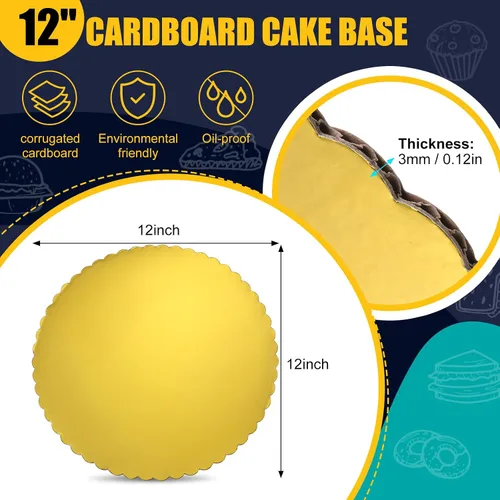 Miniatura 2 de Nuenen 50 tableros dorados de 12 pulgadas para tartas, cartón, desechable, recubiertos, placas de círculos de cartón, base festoneada