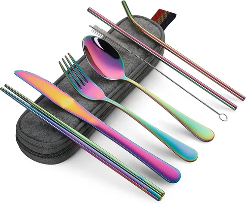 Miniatura 8 de DEVICO Utensilios portátiles, juego de cubiertos de viaje y campamento, 8 piezas, incluyendo cuchillo, tenedor, cuchara, palillos, cepillo