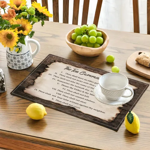 Miniatura 2 de Juego de 4 manteles individuales de los 10 mandamientos, manteles religiosos de los 10 mandamientos lavables de doble cara para cocina, comedor