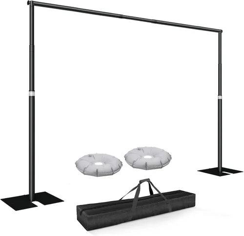Miniatura 17 de Kit de soporte de fondo de tubo y cortina de 10 x 10 pies, soporte ajustable resistente con bolsa de transporte, marco de fondo de metal para Negro
