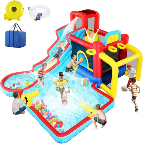 Miniatura 10 de WHUBEFY Casa de rebote, doble tobogán acuático con soplador para niños grandes de 3 a 12 años, castillo inflable de rebote