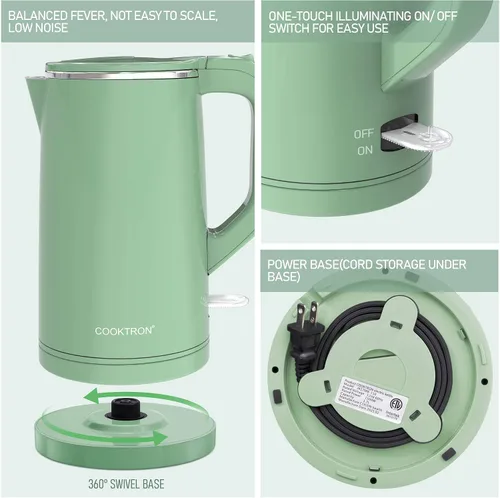 Miniatura 5 de COOKTRON Hervidor Eléctrico de 1.7L Silencioso, Hervidor de Agua Caliente de Doble Pared Libre de BPA, Tetera de Hervido Silencioso y Tacto Fresco